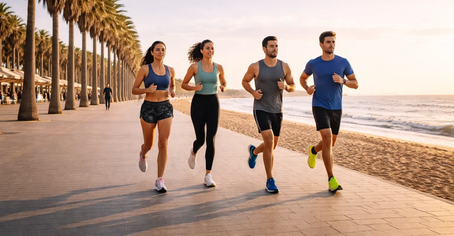 Corredores entrenando en el paseo de la Barceloneta en Barcelona